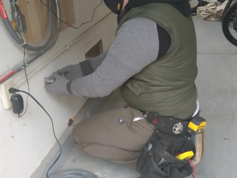 Electrician performing outlet wiring in a Covington garage